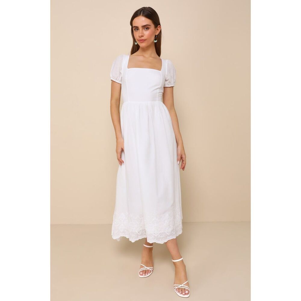 Lulus Stylish Merriment White Puff Sleeve Embroidered Midi Dress Size Small